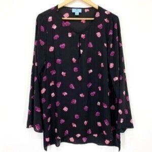 Cece Women's Sheer Black Floral Pansy Tunic Blouse Top